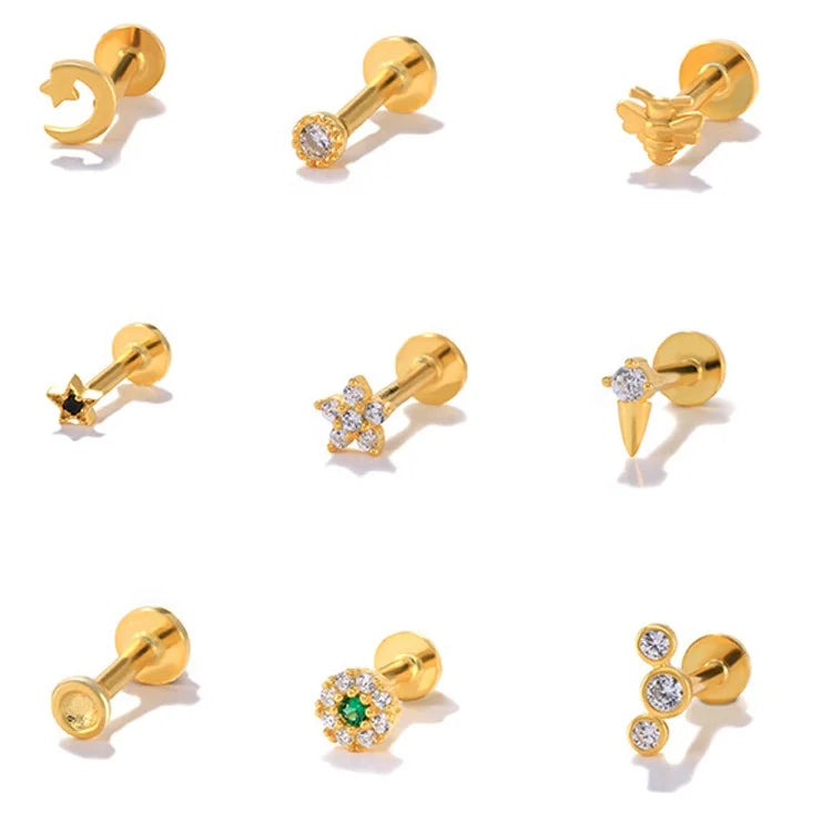 Getta 925 Sterling Silver Flower Internal Thread Flat Back Cartilage Earring Helix Labret Lip Piercing Jewelry for Wedding Gift