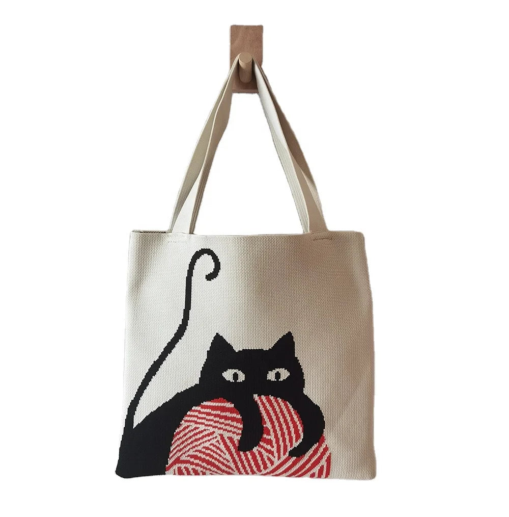 Large Capacity Casual Cat Design Tote Bag Checkered Crochet Knitting Women's Polyester Shopping Bag Fashion Style