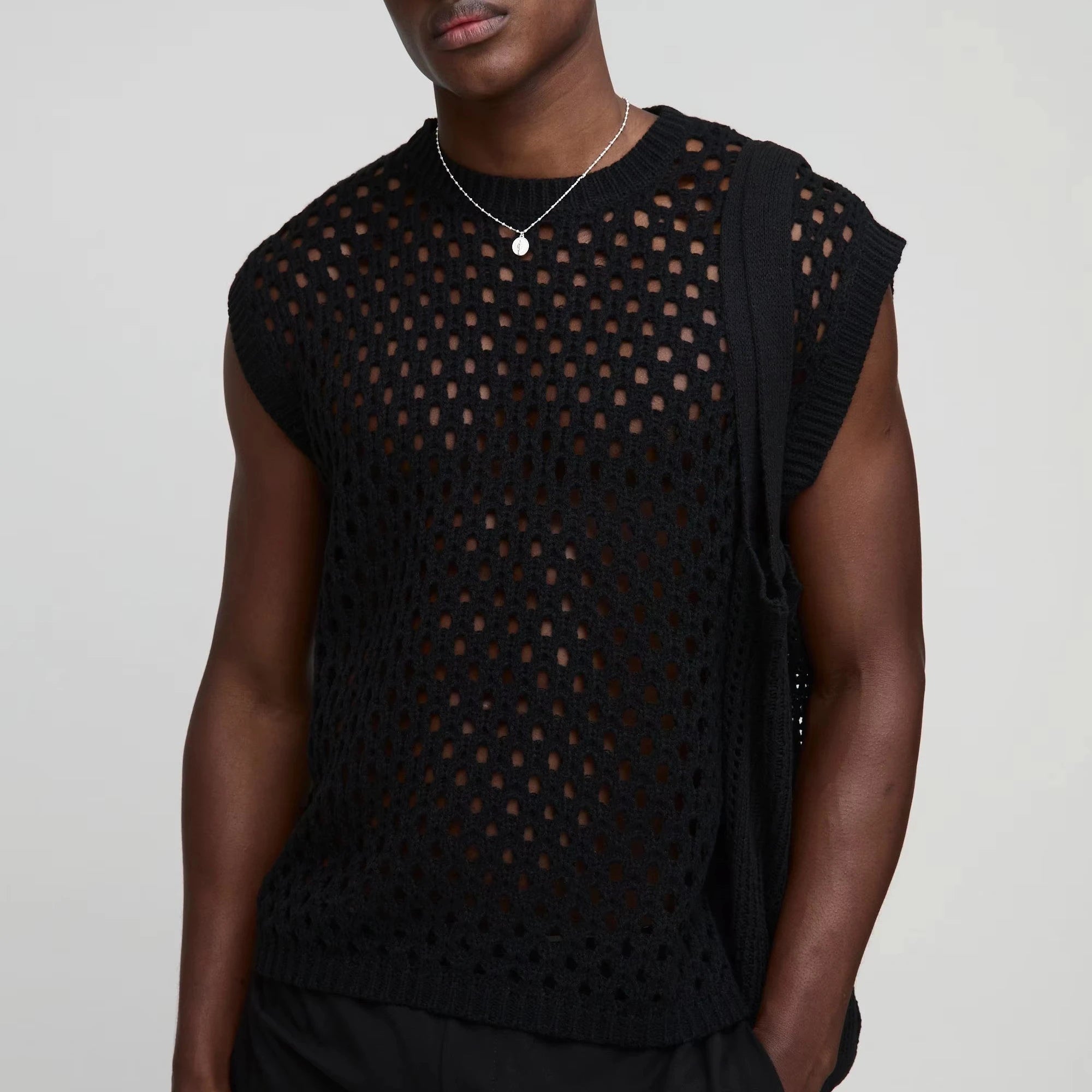 Custom Design Logo Men Crochet T-shirt Knitted Mesh Hollow Out Shirt  Oversized Boxy Open Stitch Crew Neck Knitted Vest