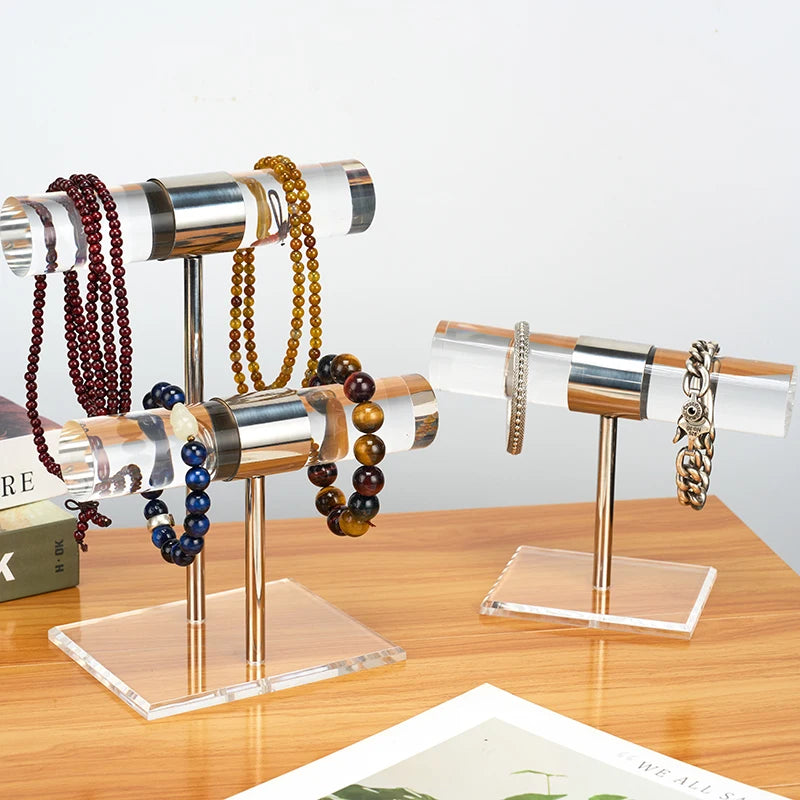High-Grade 2-Tier T-Bar Clear Silver Acrylic Base Bracelet Holder for Store Hanging Jewelry