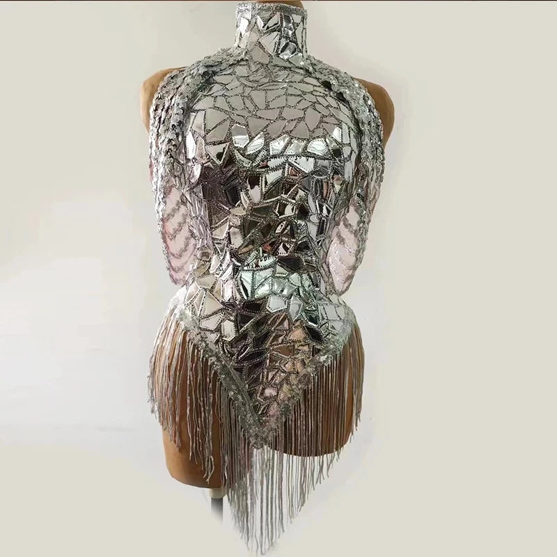 Sexy Backless Mirror Sequins Dress Nightclub Gogo Dancer Stage Costume Rave Outfit Festival Clothing Drag Queen Clothes