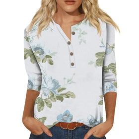 Heat Transfer 3/4 Sleeve Round Neck With Buttons Women T-shirts for Spring Summer Casual T-Shirts for Women-A4010202MG010