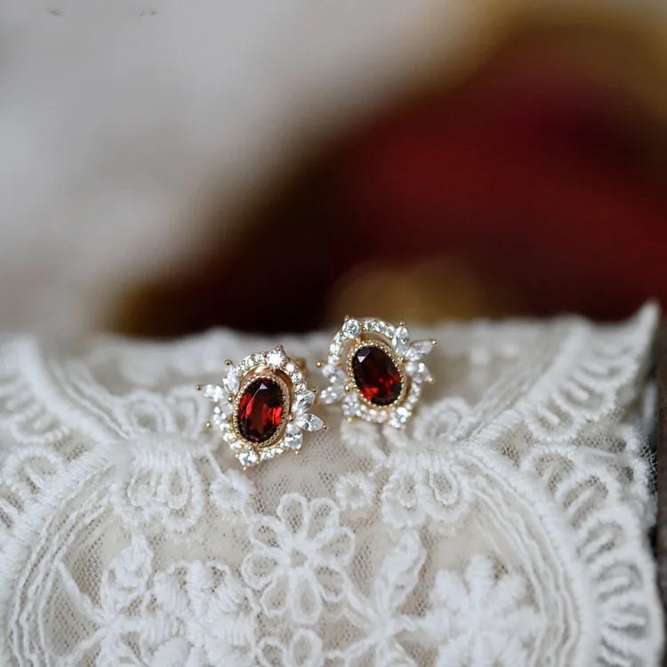 Mrs. Pompadour Luxury Elegant 14K Gold Plated Pure 925 Sterling Silver Vintage Red Gemstone Stud Earrings for Women Girls