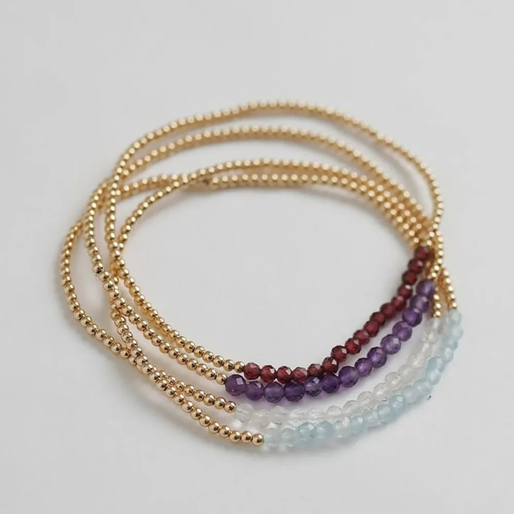 Elastic Stretch Birthstone 18K Gold Plated Brass Stainless Steel Natural Stone Beads Dainty Bracelet