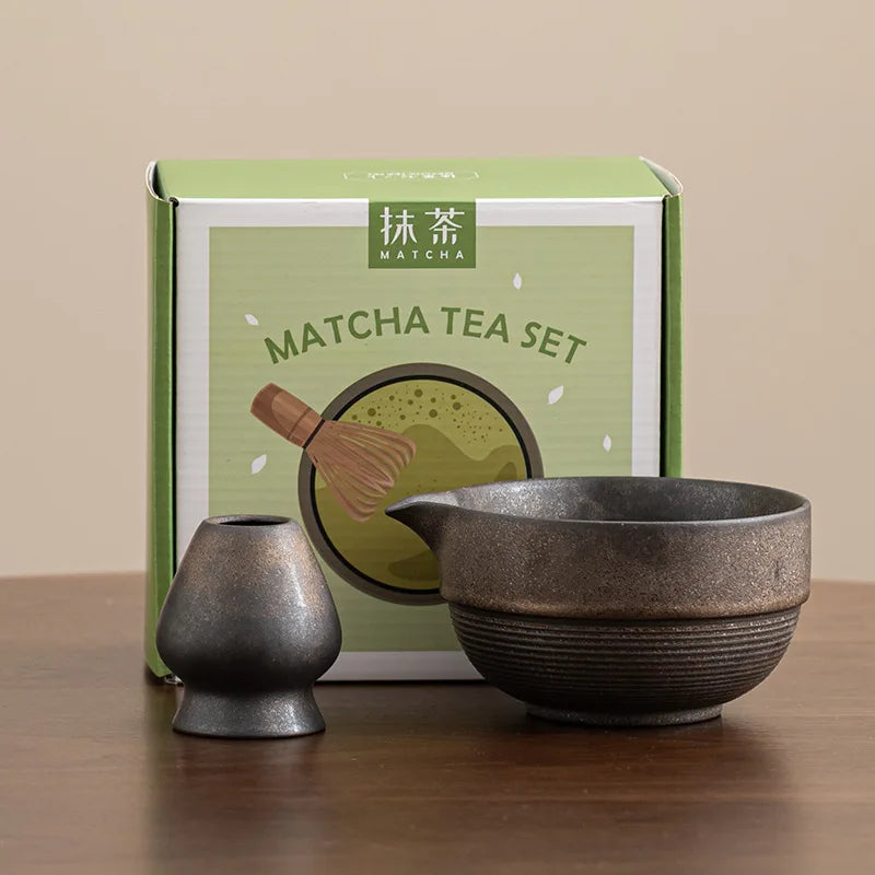 Wholesale Eco-Friendly Porcelain Matcha Tea Bowl Spout Set 500ml Capacity Rustic Pottery Whisk Holder Matcha Tool Whisk Stand