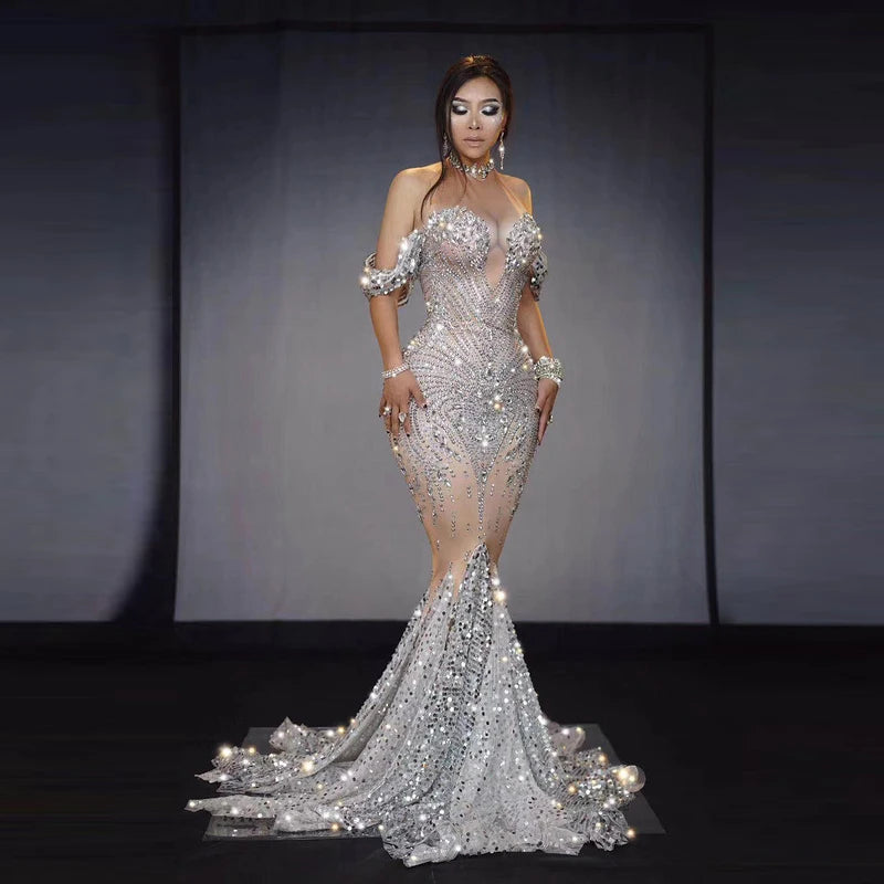 Fashion Show Women Singer Off Shoulder Lace Maxi Evening Formal Party Dress