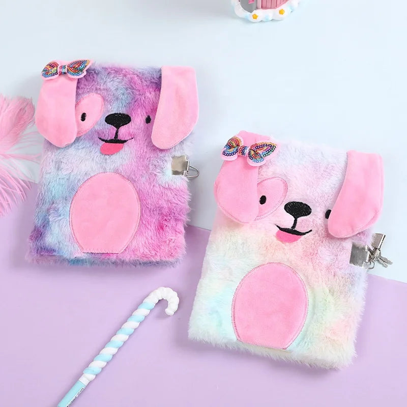 Factory Supply Creative Girls Cute Fluffy Diary Plush Dog Notebook With Lock