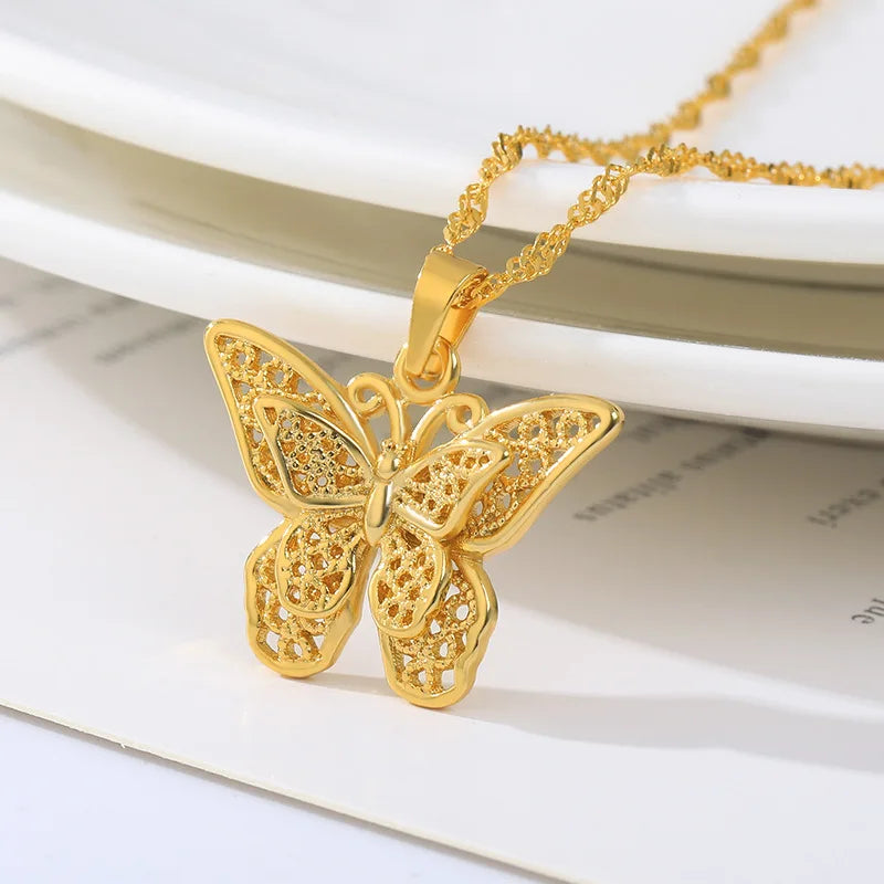 18K Vacuum Gold Plated Filigree Butterfly Pendant Necklace Stainless Steel Hollow Butterfly Necklace for Women