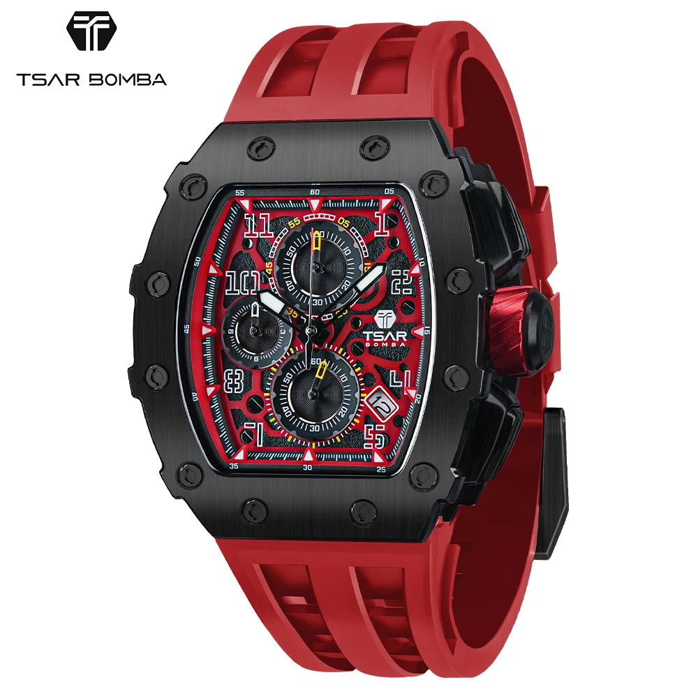 TSAR BOMBA Top Brand Men's Sports Watch SEIKO Movement 50m Waterproof Sapphire Crystal Tonneau Stainless Steel Case Chronograph