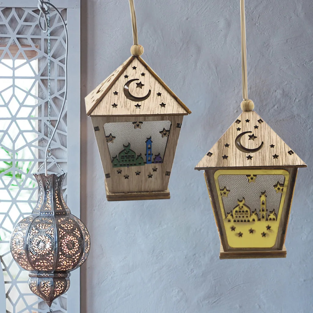 Ramadan Moon House LED Lights Wooden Hanging Pendant Eid Mubarak Muslim Islam Ramadan Decorations Art Craft for Home XJ0275