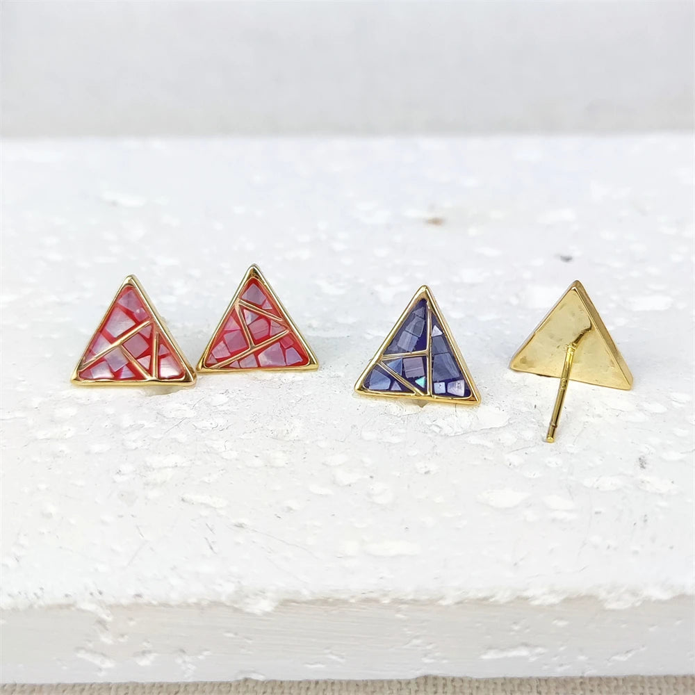 925 Sterling Silver Colorful Enamel Earrings 18k Gold Triangle Studs Natural Mother of Pearl Seashell Earrings for Party Gifts