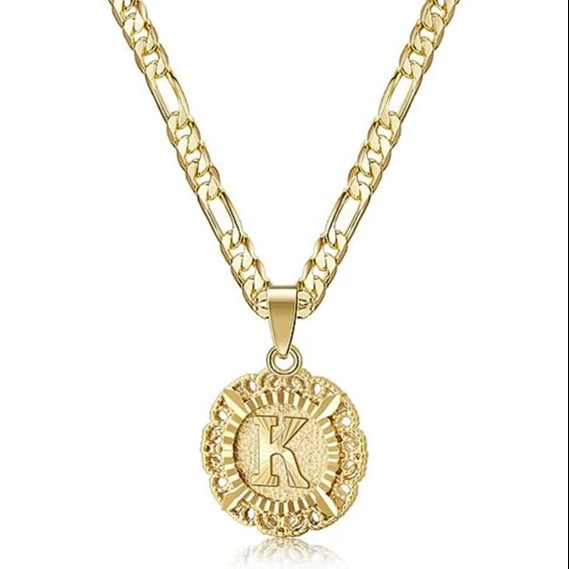 18K Gold Plated Round Letter Pendant Necklace Capital Monogram Necklace Alhpabets From A-Z Figaro Chain Necklace