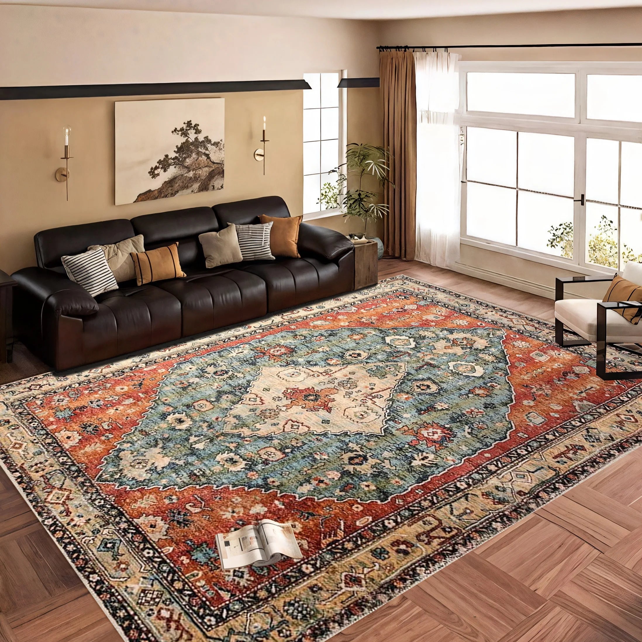 Large Vintage Bohemian Farmhouse Area Rug Washable Anti-Slip Easy Clean Wear Resistant Low Pile Soft Faux Cashmere Surface