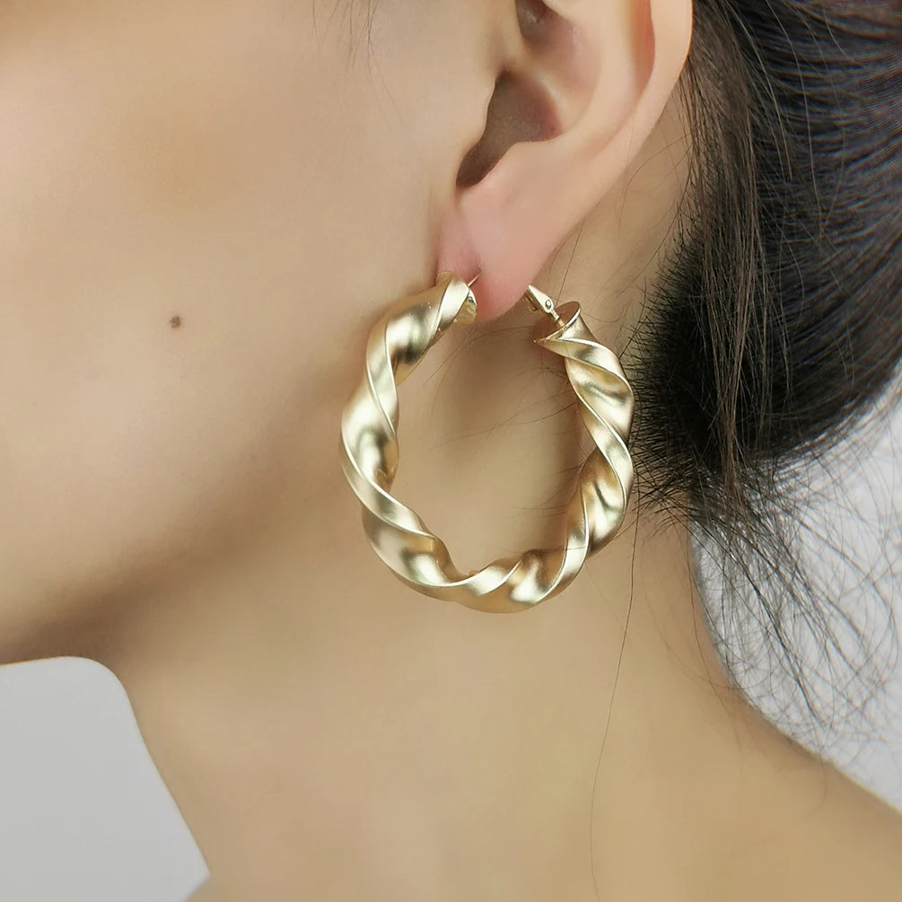 Unique High Quality 50mm Matte Gold Plated Punk Style Big Screw Twisted Hoop Earrings Women Party