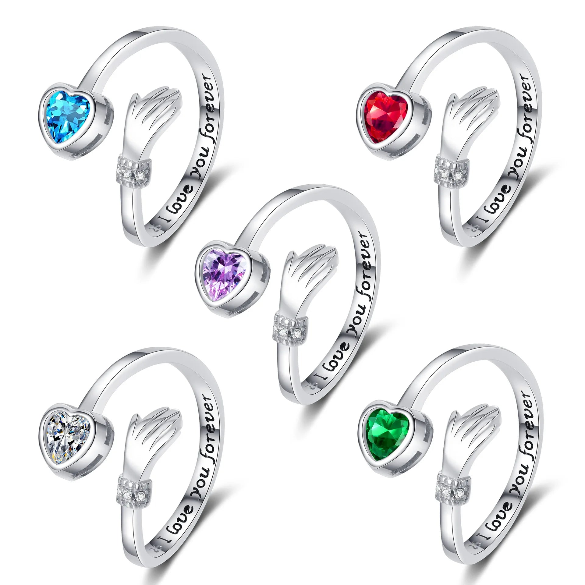 New Brass Silver Plated Hug Ring Women Men Colorful Crystal I Love You Forever Adjustable Hugging Hands Open Promise Ring