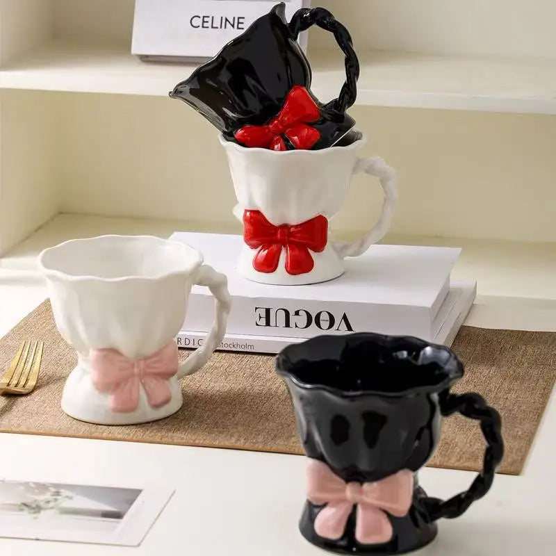 M Hot Sale Bow Ceramic Mug Light Luxury Unique Gift Mug Modern Embossed Red Bow Ceramic Ice Cream Coffee Mug