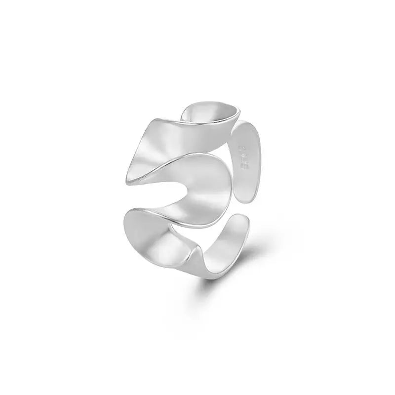 Frosted Wave Design Matte Minimalist 925 Sterling Silver Jewelry Cluster Open Rings Women
