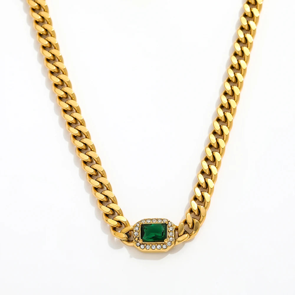 Joolim Stainless Steel 18K Gold Plated Luxury CZ Pave Green Clear Chunky Statement Pendant Necklace Jewelry Wholesale
