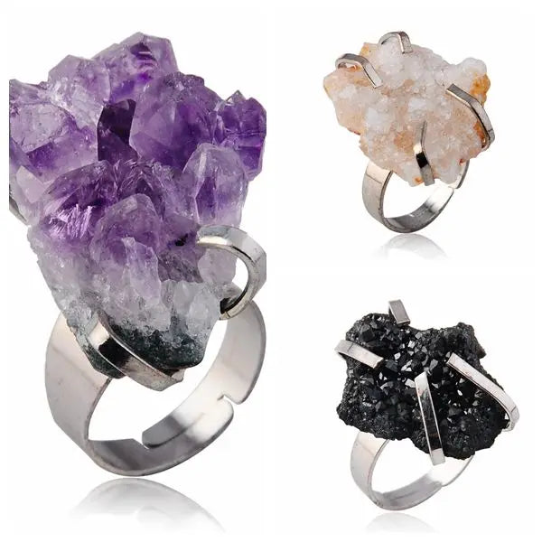 Chakra Crystal Ring Healing Gemstone Adjustable Irregular Raw Rock Drusy Quartz Wire Wrapped Gemstone Ring Jewelry for Women