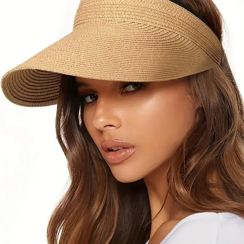 Fashionable Wide Brim Straw Sun Visors Roll-up Foldable Summer Beach Visor Hat for Women