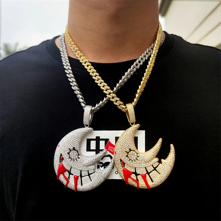 Hip Hop Gold Plated Stainless Steel Full Diamond Iced Out Moon Pendant Necklace for Women