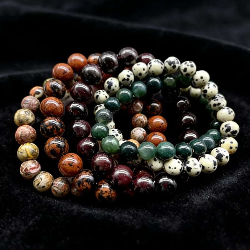 Semi Precious Stone Bead Bracelets  Garnet Mahogany Obsidian Moss Agate Leopard Skin Jasper Beaded Bracelets
