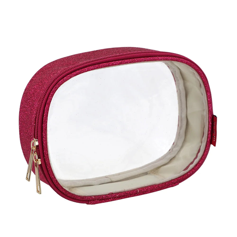 Custom Glitter Cosmetic Makeup Organizer Bag Zipper Closure Transparent Window Logo Print Lady Style Travel for Wash Gift