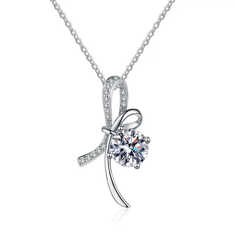S925 Sterling Silver Bow Moissanite Necklace Classic Chain Style With Silver Plating for Wedding Engagement Classic Elegant