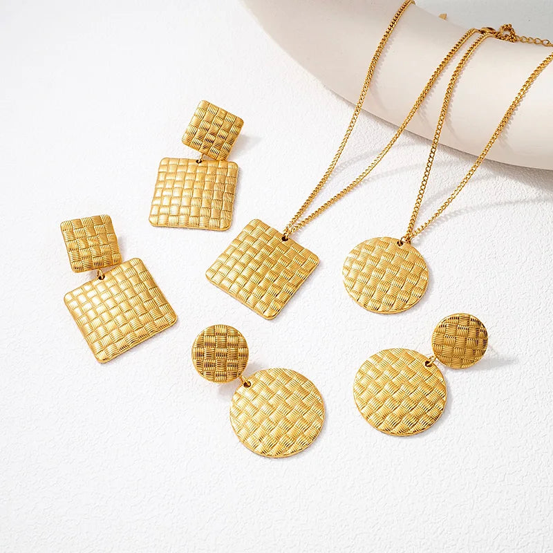 Fashion Stainless Steel Jewelry Wholesale Gold Geometric Drop Earrings Pendant Necklace Sets Bijoux En Acier Inoxydable Femme