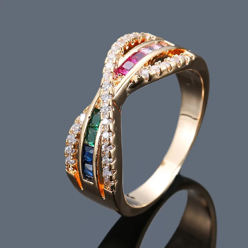 Simple Exquisite Jewelry Bling CZ Cubic Zirconia X Shape Rings Shiny Rainbow Crystal Ring For Party