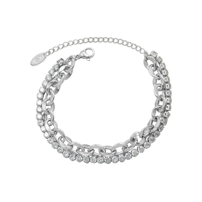 Temperament Wind Design Titanium Steel 18 K Gold Plated Double Layer Exaggerated Zircon Chain Irregular Bracelet for Women