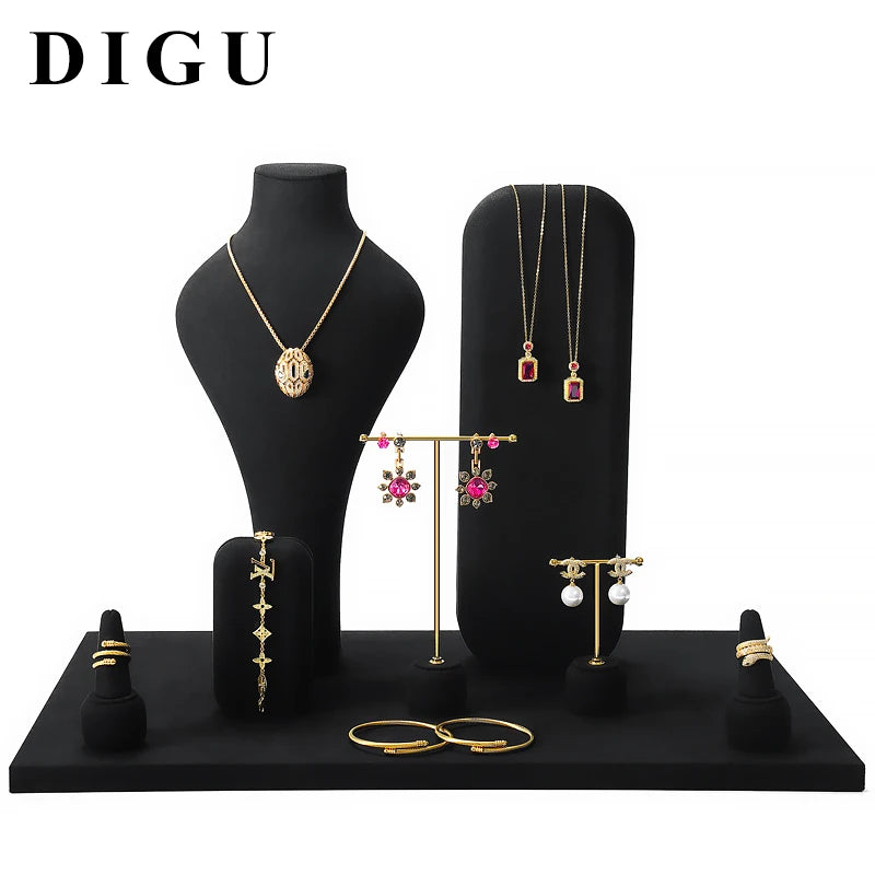 DIGU Premium Black Luxury Customizable Microfiber Jewelry Display Stand & Set Elegant Window Display for Jewelry Retail Shops MegaBDM