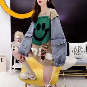 Wholesale 2026 Spring Design Casual Denim Splice New Versatile Loose Two Piece Women's Sweaters