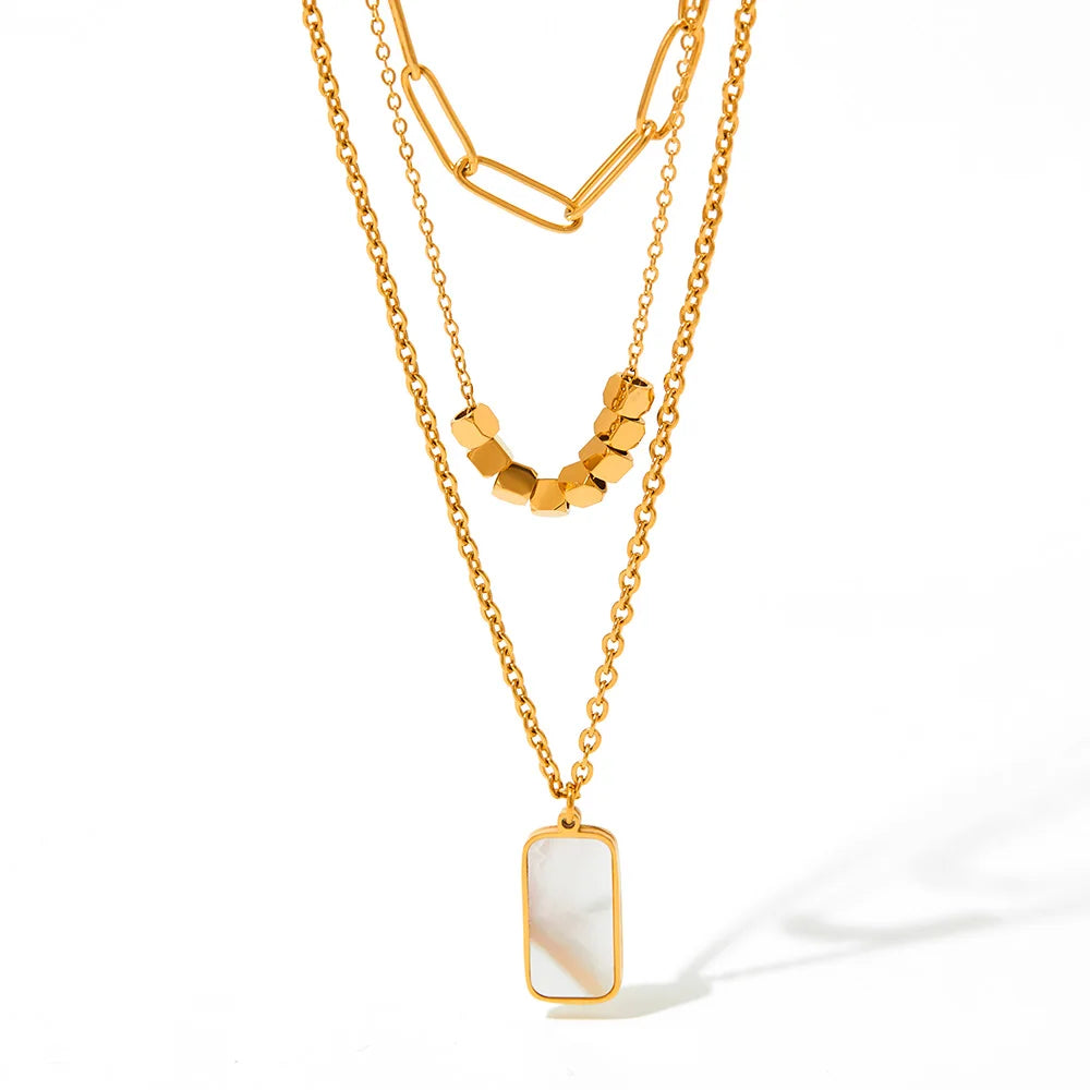 Natural Shell Square Pendant Gold Necklace Jewelry 316l Stainless Steel Layered Collar Necklace