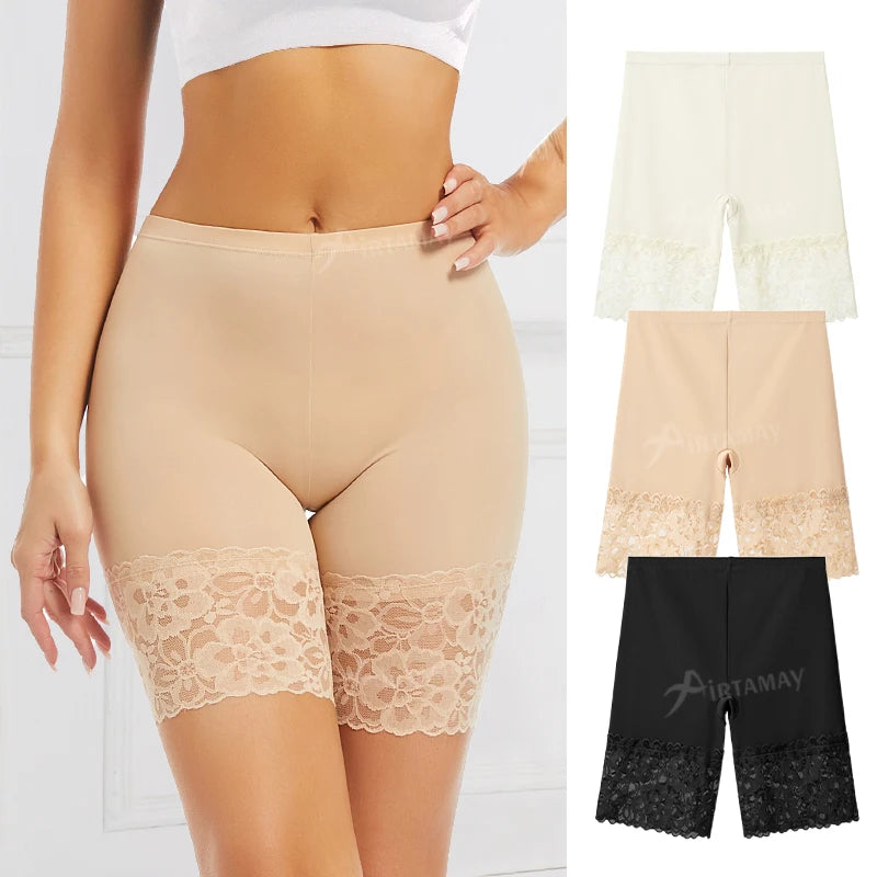 Airtamay High Waist Women's Safety Bottom Lace Shorts 2-in-1 With Inner Gusset Boxer Shorts Ice Silk Anti-exposure Panties