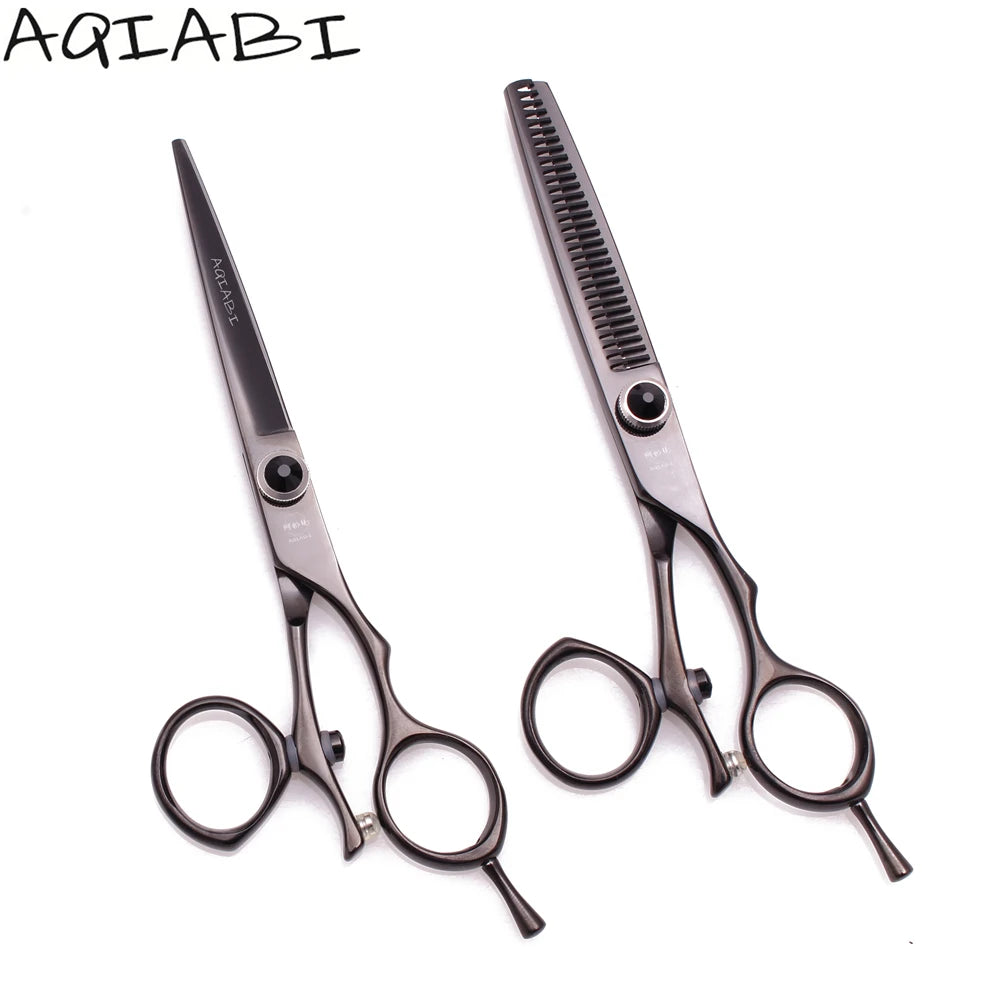 Hair Cutting Scissors Professional 5.5'' 6" AQIABI Japan 440C Thinning Scissors Hairdresser Scissors Swivel Thumb Black A9019