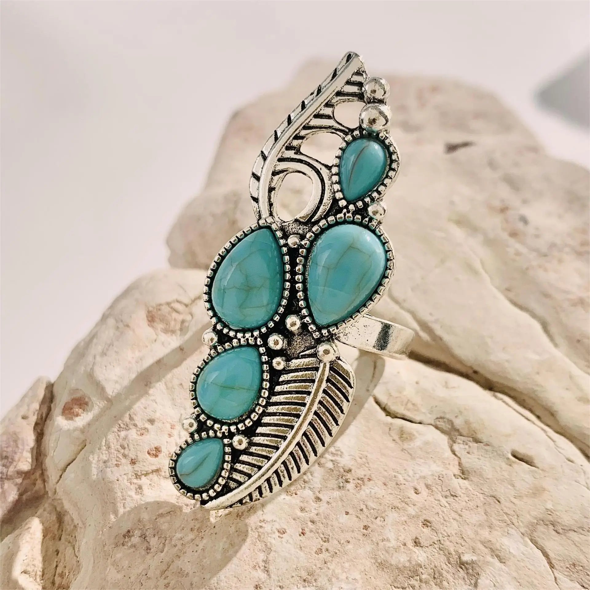 2024 Vintage Western Boho Style Turquoise Feather Rings