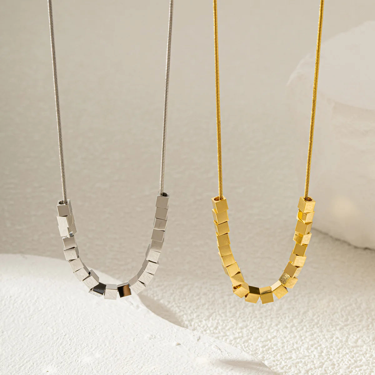 Wholesale 18k Gold-plated Stainless Steel Snake Chain Jewelry Simple Three-dimensional Small square Pendant Necklace for Women