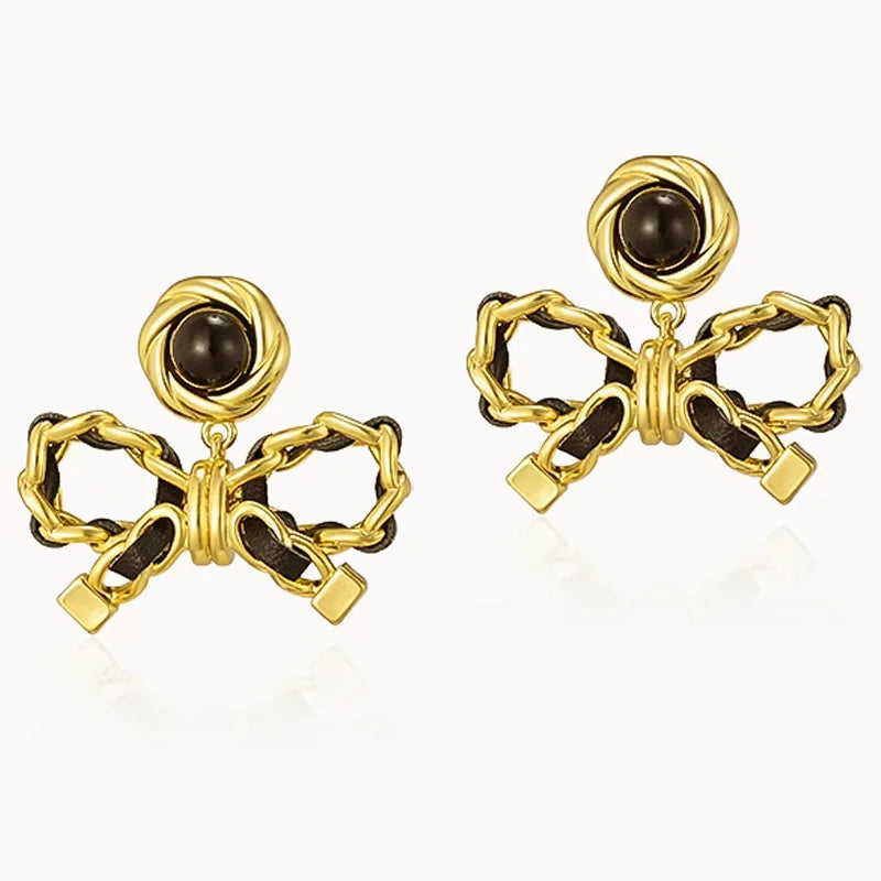 New Fashion Antique Brass Gold Plated Metal Leather Weaving Bow Earrings for Women Jewelry Customized