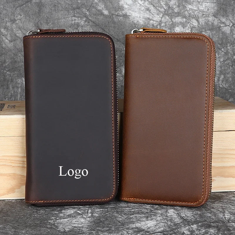 Wholesale Price Crazy Horse Leather Men's Wallet Vintage Long Zipper Wallet Custom Logo