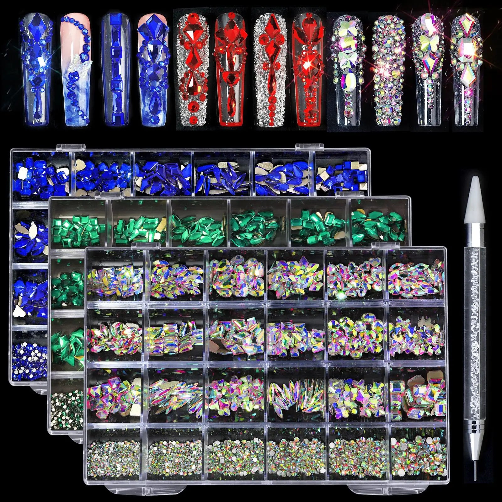 24 Grids Rhinestone Nail Elements Crystal ab Flat Bottom Diamond Nail Shaped Diamond