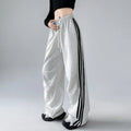 Side Triple Bar Parachute Breathable Colored Casual Women's Loose High Waisted Drawstring Closure Pleated Wide Leg Cargo Pants