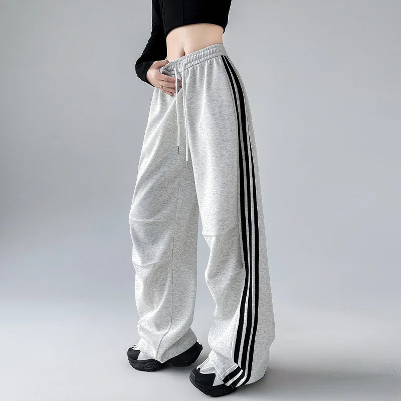 Side Triple Bar Parachute Breathable Colored Casual Women's Loose High Waisted Drawstring Closure Pleated Wide Leg Cargo Pants