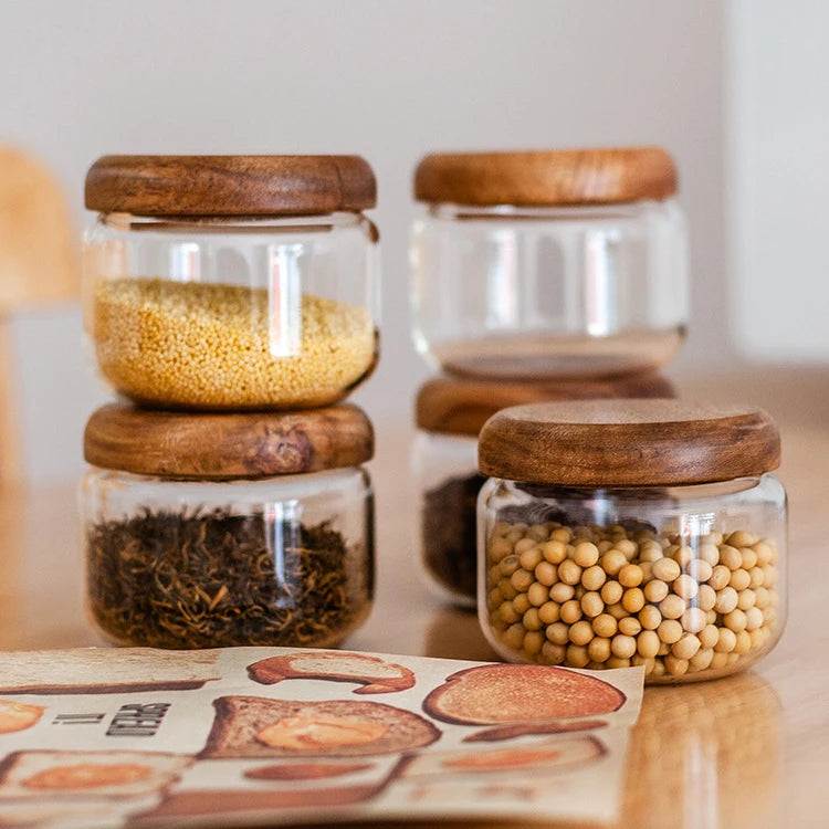300ml Home Pantry Organization Storage Dry Fruits Stash Jar Bamboo Lid Cover Eco-Friendly Glass Food Spice Multifunction