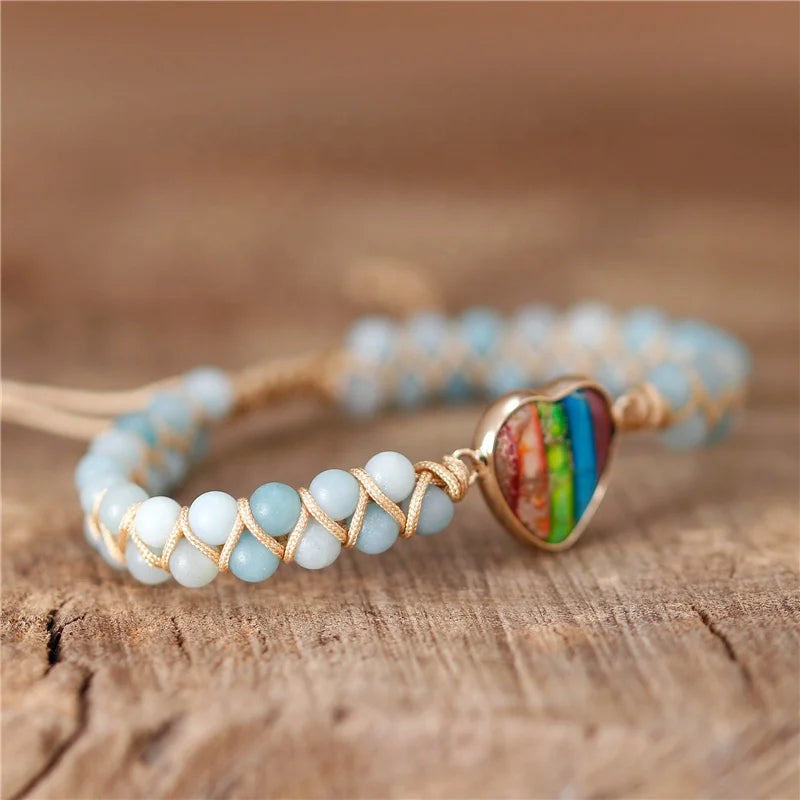 Boho 7 Chakra Heart Rainbow Charm Amazonite Beads Braided Bracelet Adjustable Gypsy Gemstones Bracelets Women Jewelry Wholesale