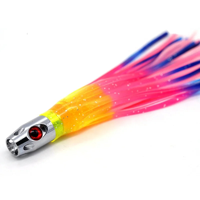 Saltwater Deep Sea Metal Jet Head Trolling Lures Big Game Fishing Glitter Flakes Skirts Squid Octopus Lure
