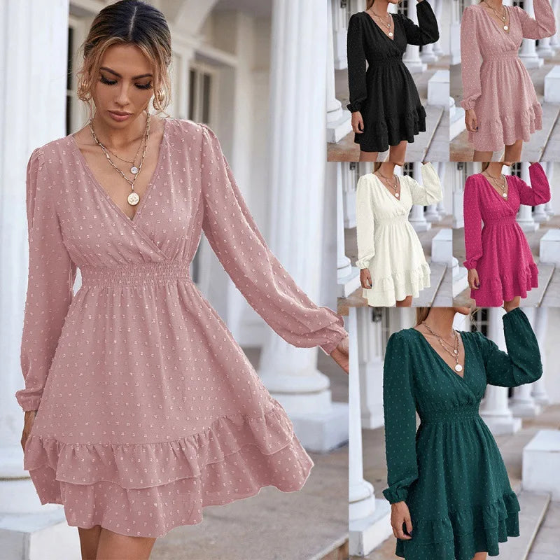 2023 Summer Women's Latest Long Sleeve Chiffon Dress Sexy V-neck Swiss Dot Ruffled Slim Short Mini Dress