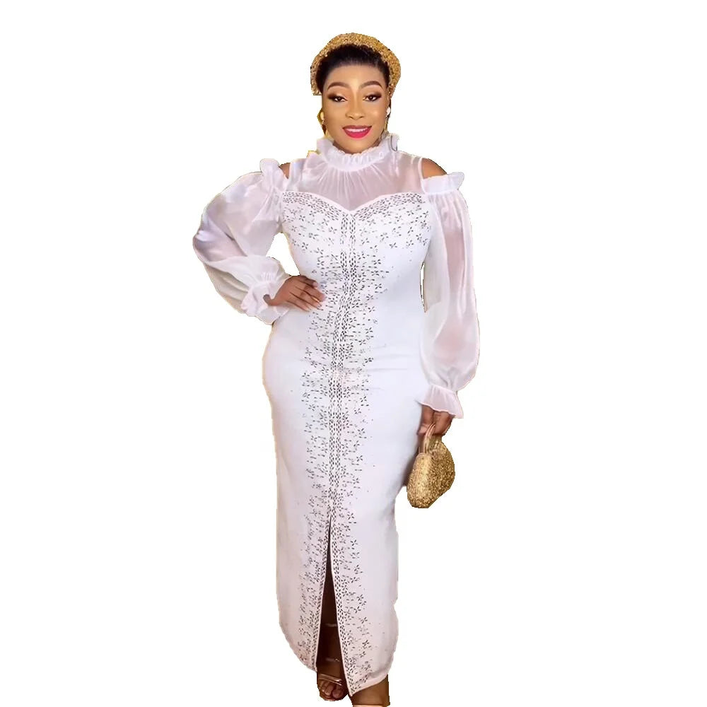 Hot Selling White African Dresses Designs Mesh Gauze South Africa Dress Rhinestone African Kitenge Designs Skirt