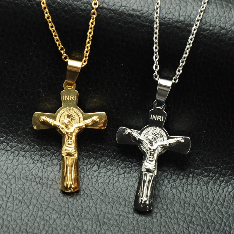 Wholesale Jesus Cross Necklace Jewelry Gold Plated Cross Necklace Mens Stainless Steel Religious Jesus Cross Pendant Necklace