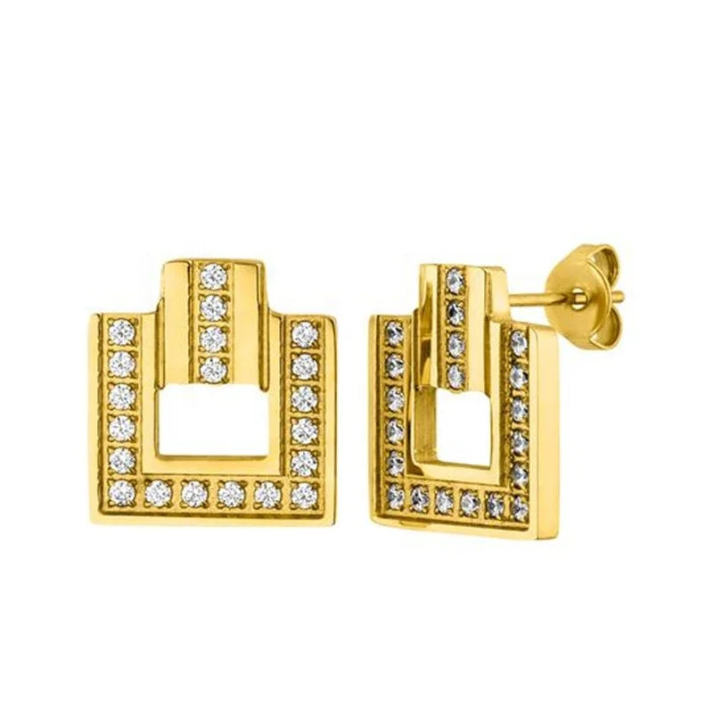 Luxury Stainless Steel Square Stud Earrings Zircon Gold Plated for Wedding Party Gift Fashion Women